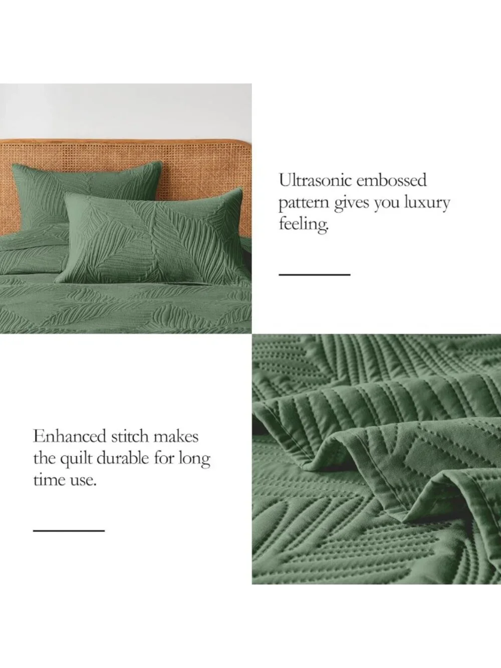 Lightweight Olive Green King Quilt Set, Soft Microfiber Bedspread with Leaf